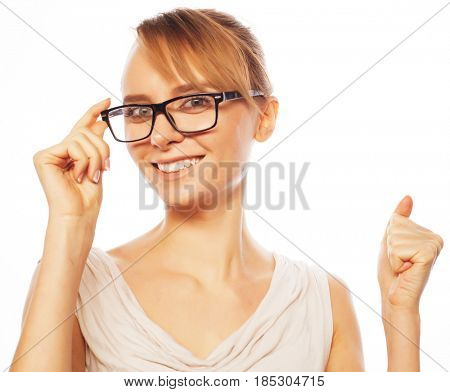 Business, finance and people concept: young business woman in glasses