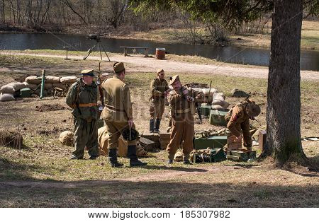 Gatchina Russia - May 7 2017: Historical reconstruction of the battles of World War II. Mortar battery.