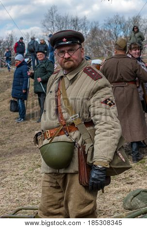 Gatchina, Russia - May 7, 2017: Historical reconstruction of the battles of World War II. A participant in the reconstruction in the form of a Soviet artillery officer.