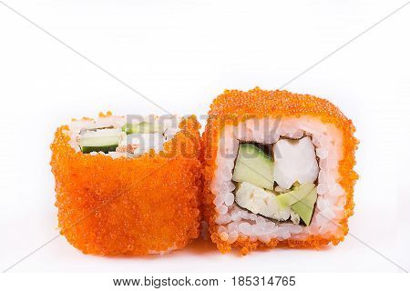 Japanese Cuisine, Sushi Set: Sushi And Sushi Rolls In Caviar With Cucumber, Shrimp, Avocado And Omel