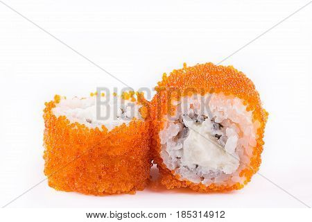 Japanese Cuisine, Sushi Set: Sushi And Sushi Rolls In Caviar With Cheese On A White Background.