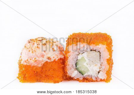 Japanese Cuisine, Sushi Set: Sushi And Sushi Rolls In Caviar With Cucumber, Cheese And Omelette On A