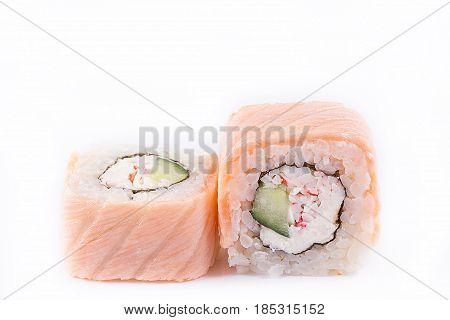 Japanese Cuisine, Sushi Set: Salmon Roll With Cheese, Cucumber And Crab Meat On A White Background