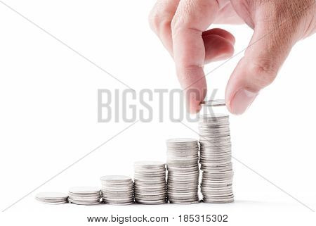 Business Man Hand Put Coin To Cion Stacked Isolated