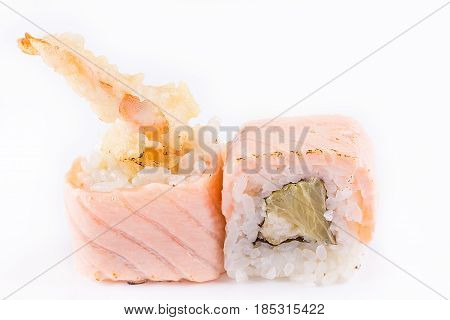 Japanese Cuisine, Sushi Set: Salmon Roll With Tiger Shrimp On A White Background