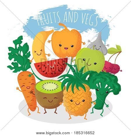 Group of funny fruit and vegetables friends. Vector characters with happy smiling faces. Natural fruits pineapple and cherry, vegetarian natural food broccoli and fresh carrot illustration