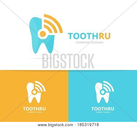 Vector of tooth and wifi logo combination. Dental and signal symbol or icon. Unique clinic and radio, internet logotype design template.