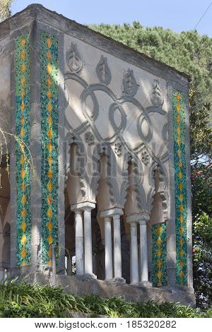 Detail of Villa Cimbrone with oriental remarks at Ravello on the Amalfi Coast to understand a concept of tourism and culture