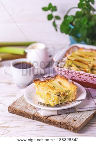 Traditional Rhubarb Pie With Espresso Coffee For Breakfast.