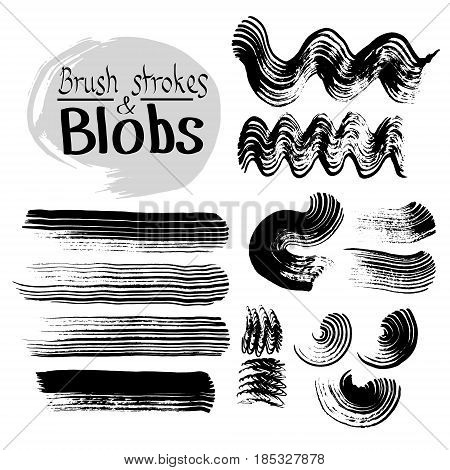 Black ink vector stains and strokes. Vector set of grunge brush strokes. Hand drawn.