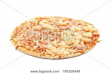 Baked frozen pizza with cheese, ham and pineapples isolated over the white background