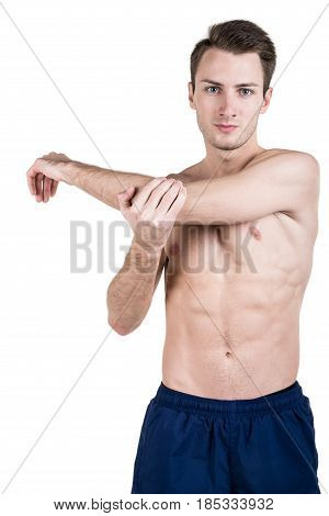 Healthy Lifestyle. Portrait Of A Handsome Guy With A Sporty Naked Body, Warming Up, Isolated On Whit