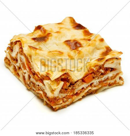 Portion of tasty lasagn, isolated on white background