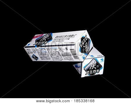 GOMEL, BELARUS - MARCH 5, 2017:Japanese toothpaste Kobayashi with charcoal.Kobayashi Pharmaceutical Co., Ltd. manufactures and sells OTC pharmaceuticals, oral hygiene products.