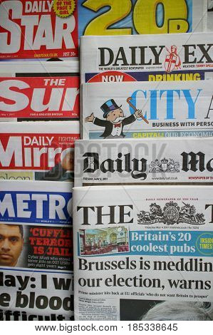 Bracknell, England - May 08, 2017: A random selection of British daily newspapers currently in circulation