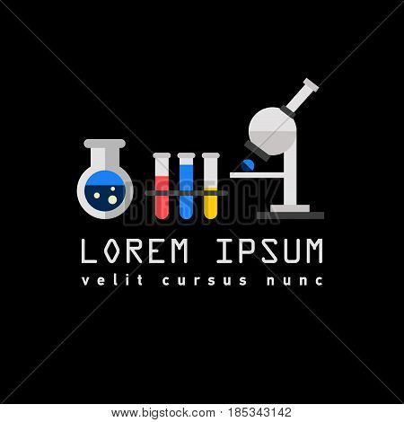 Vector symbol of laboratory, chemical, medical test logo, icon. Colorful modern flat design with bulbs, bottles and microscope. hemical equipment and research.
