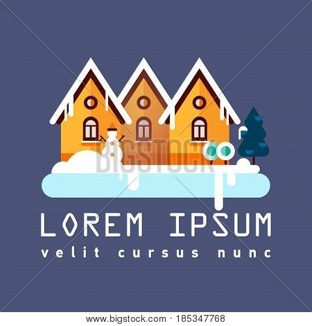 Flat illustration of winter country club. Christmas vacation. Family holiday in house in the woods. Foreat area. Winter landscape.
