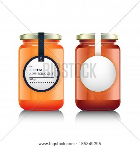 Glass jar with with jam, confiture or honey. Vector illustration. Packaging collection. Label for jam. Bank realistic. Mock up mason jar with design label or badges