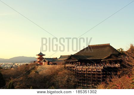 Main Hall And Three-story Pagoda Of Kiyomizu Dera In Kyoto, Japan (evening Scene)
