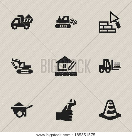 Set Of 9 Editable Structure Icons. Includes Symbols Such As Mule, Excavation Machine, Camion And More. Can Be Used For Web, Mobile, UI And Infographic Design.