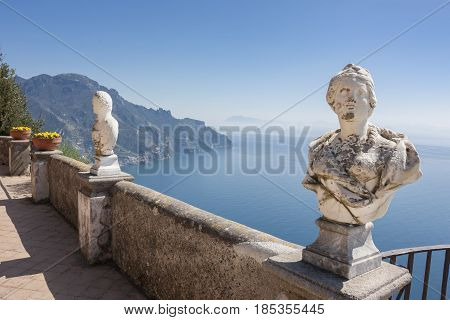View with statues from the city of Ravello Amalfi Coast Italy Europe to connote a concept of tourism and culture