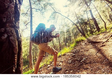 Hiking in famous Lycian Way in the Turkey. Backpacker in the trail.