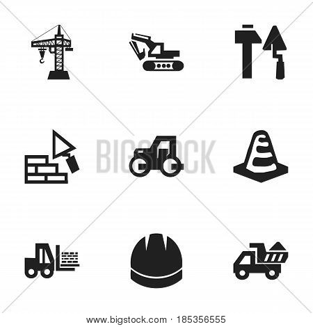 Set Of 9 Editable Construction Icons. Includes Symbols Such As Construction Tools, Excavation Machine, Elevator And More. Can Be Used For Web, Mobile, UI And Infographic Design.
