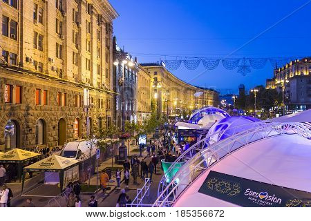 KYIV, UKRAINE - MAY 5, 2017: Eurovision village fun zone on Khreschatyk street in the evening