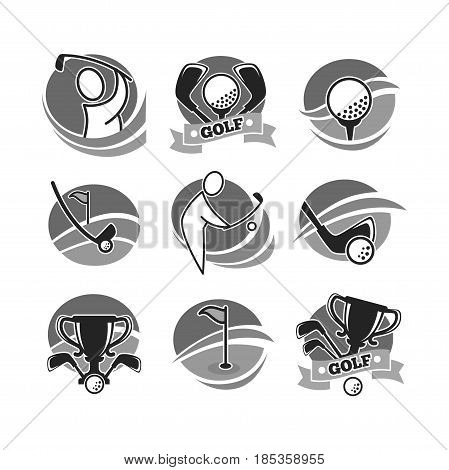 Golf game logotypes in grey color set isolated on white. Club for sport kind with golf stick and small white ball for playing on grass. Activity for outdoors labels template vector flat poster