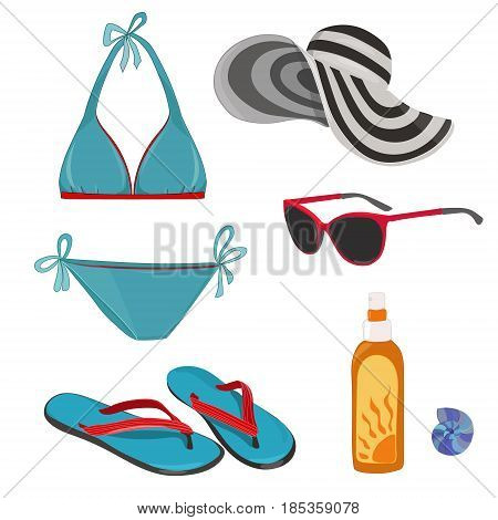 Set of beach. Happy vacation. Vector illustration.