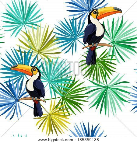Pattern with toucans and tropical flowers.  Cute background
