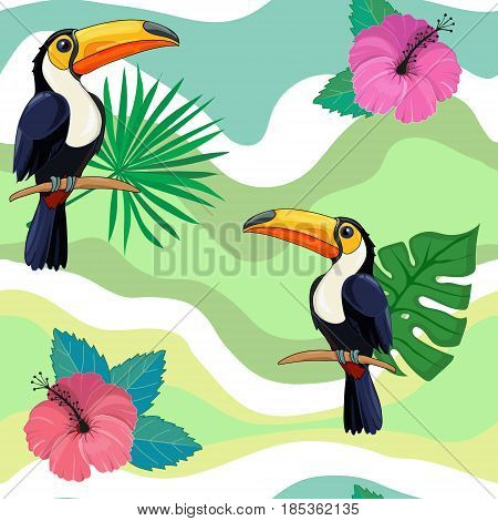Pattern with toucans and tropical flowers.  Cute background