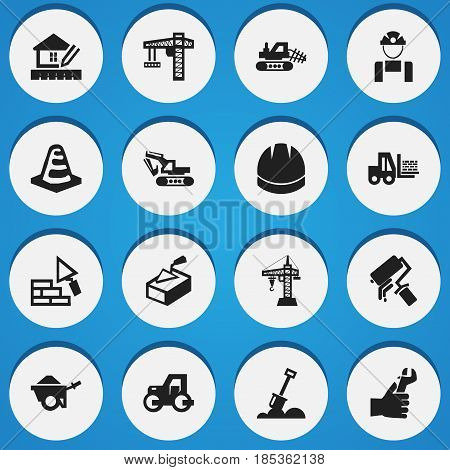 Set Of 16 Editable Building Icons. Includes Symbols Such As Elevator, Scrub, Lifting Equipment And More. Can Be Used For Web, Mobile, UI And Infographic Design.
