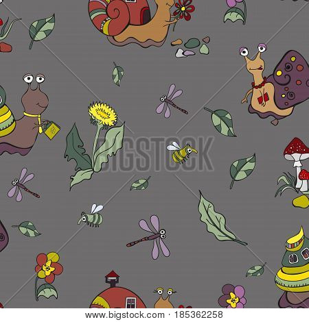 Snails and bugs.Seamless snail background. Vector illustration.