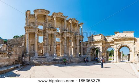 EPHESUS, TURKEY - APRIL 13 : Tourists in Ephesus Turkey on April 13, 2015. Ephesus contains the ancient largest collection of Roman ruins in the eastern Mediterranean