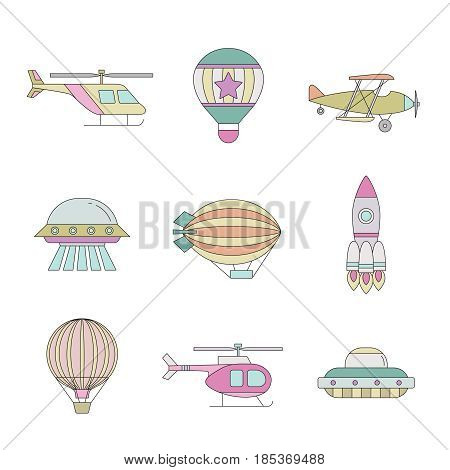 Air transportation outline colored icon set. Clean and simple design. Part six.