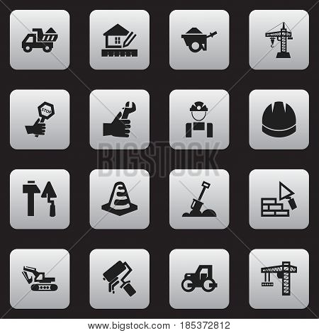 Set Of 16 Editable Construction Icons. Includes Symbols Such As Facing, Excavation Machine, Elevator And More. Can Be Used For Web, Mobile, UI And Infographic Design.