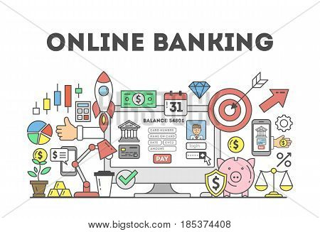 Online banking illustration concept. Signs and icons on white sbackground.