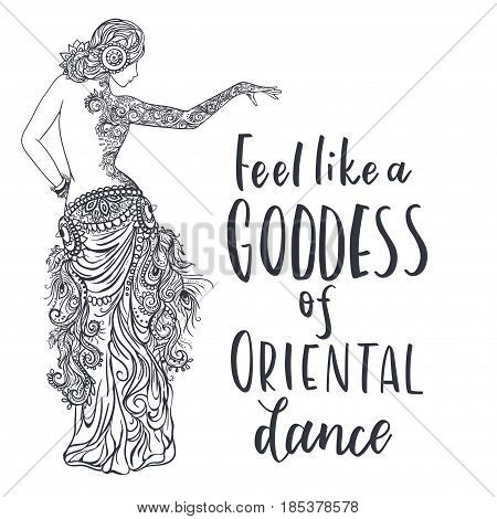 Girl belly dance vector illustration, background. Calligraphy banner. Use for posters, covers, flyers, postcards banner designs