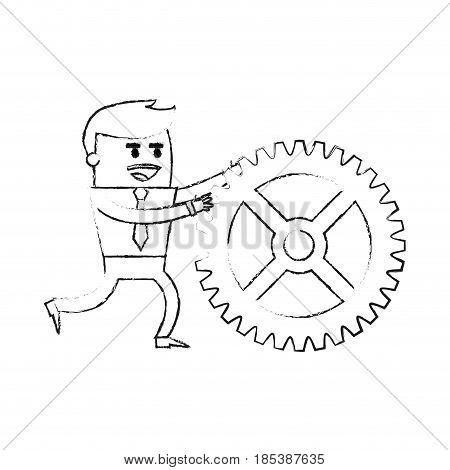 blurred silhouette image cartoon business man pushing a gear vector illustration