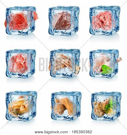 Set of frozen meat isolated on white background