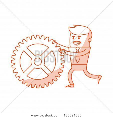 red silhouette image cartoon business man pushing a gear vector illustration