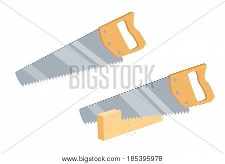 Sawing wooden plank saw. Repair tool. Joinery or carpentry instruments. Woodworking process vector illustration. Handmade with handsaw isolated on white.