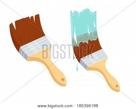 Brush painting wall. Repair tool. Painter instruments. Home work process vector illustration isolated on white.