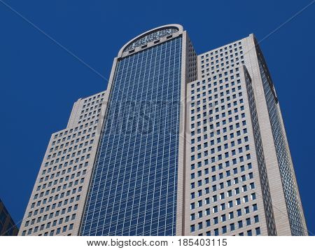Dallas,USA, 07th May 2017. Architecture of the  Comerica Bank building in downtown Dallas against a blue sky.It is one of several in the 50-60 story range of height.