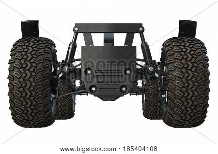 Car underbody and tires, front view. 3D rendering