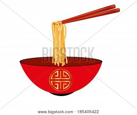 Red bowl and red chopsticks with egg noodles