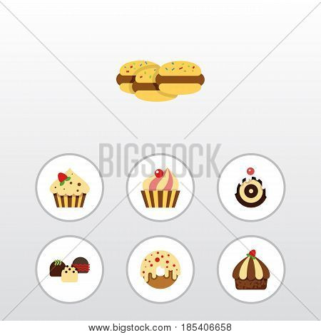 Flat Cake Set Of Sweetmeat, Pastry, Biscuit And Other Vector Objects. Also Includes Sweetmeat, Doughnut, Cupcake Elements.