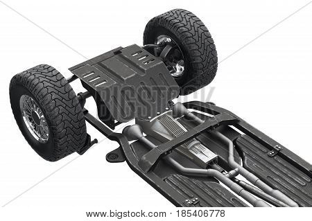 Chassis frame automobile underbody with wheel, close view. 3D rendering