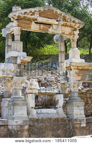 The ruins of the ancient antique city of Ephesus the library building of Celsus, the amphitheater temples and columns. Candidate for the UNESCO World Heritage List